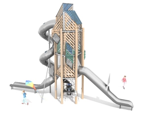 Wooden children's playground with a tower, slides, and a climbing structure.