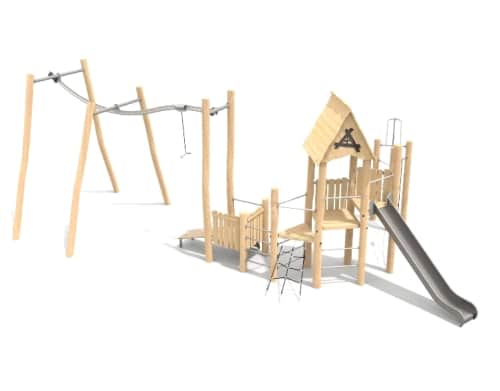 Wooden children's playground with swings, a playhouse, a climbing structure, and a slide.