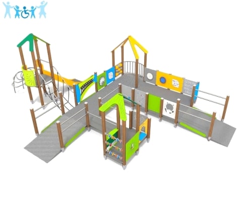 Themed children's playground with towers, slides, and outdoor play equipment.