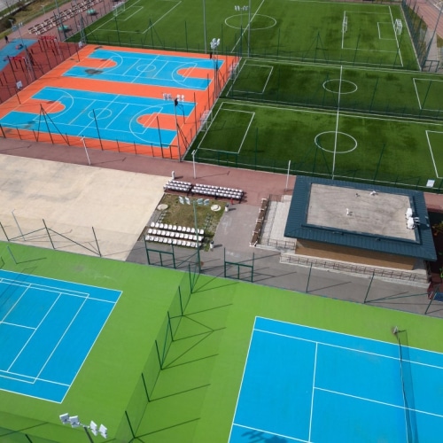 Outdoor sports complex with soccer fields, basketball and tennis courts