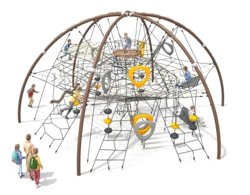Metal children's playground with climbing structures, nets, and play equipment.