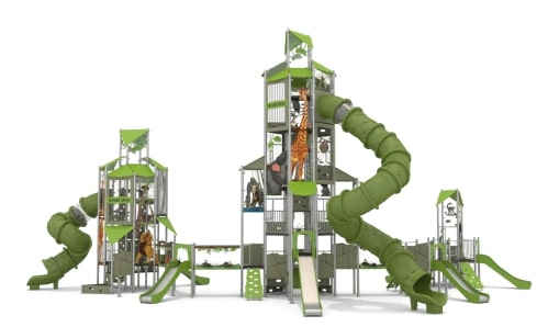 Metal children's playground with tall towers, slides, and climbing structures.