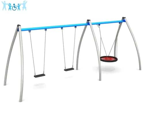 Playground swing with two straight seats and a round mesh seat