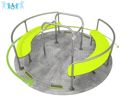 Rotating playground apparatus with seats and a metal frame.