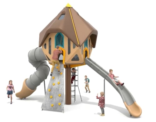 Themed children's playground with towers, slides, and outdoor play equipment.